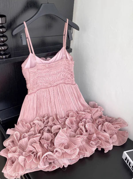 Cute Pink Spaghetti Strap Ruffle Design A-Line Homecoming Dress Party Dress Prom Dresses DP6153