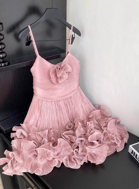 Cute Pink Spaghetti Strap Ruffle Design A-Line Homecoming Dress Party Dress Prom Dresses DP6153