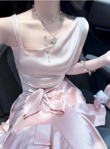 Robe de soirée courte en satin rose vintage à bretelles irrégulières, coupe trapèze, robe de cocktail, robe de soirée DP6502