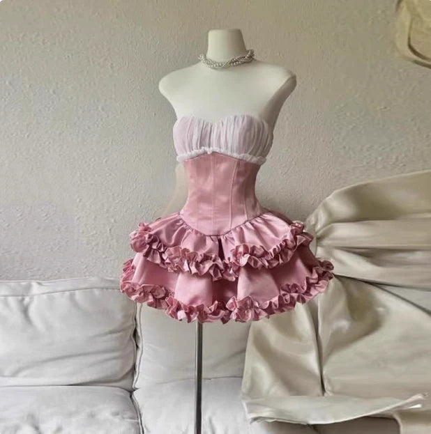 Vintage Pink Sweetheart Ruffle A-Line Tiered Short Party Dress Cocktail Dress Homecoming Dress DP6503