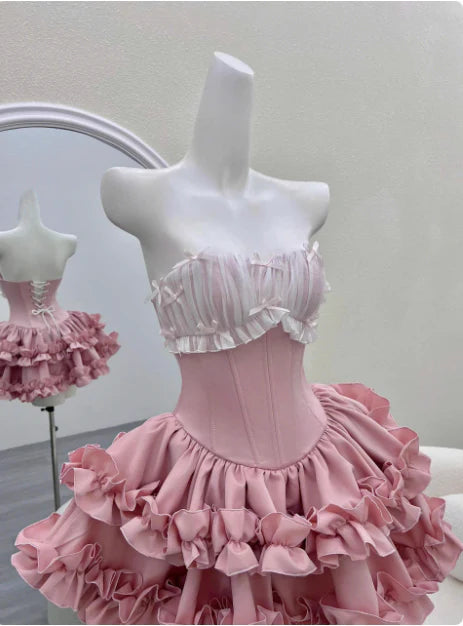Robe de soirée courte vintage rose à volants et décolleté en cœur, coupe trapèze, à volants, robe de cocktail, robe de soirée DP6503