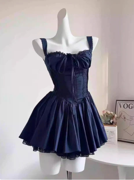 Vintage Spaghetti Strap Pleated A-Line Lace Short Party Dress Cocktail Dress Homecoming Dress DP6504