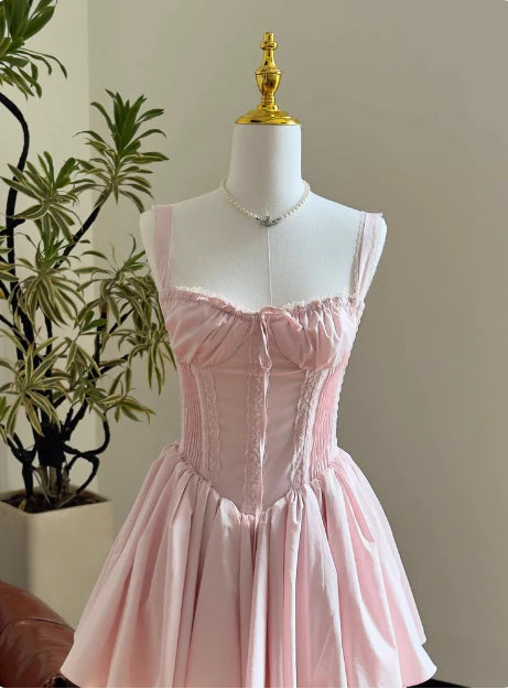 Vintage Spaghetti Strap Pleated A-Line Lace Short Party Dress Cocktail Dress Homecoming Dress DP6504