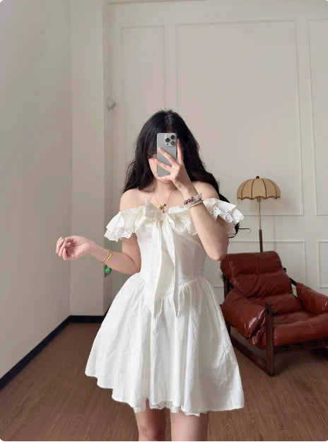 Robe de soirée courte vintage blanche à épaules dénudées en dentelle, coupe trapèze, robe de cocktail, robe de bal DP6505