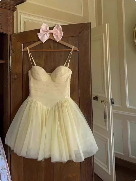 Robe de soirée courte en tulle jaune vintage, coupe trapèze, décolleté en cœur, robe de cocktail, robe de soirée DP6507