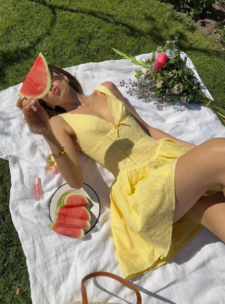 Robe de soirée courte vintage jaune à col en V et coupe trapèze, robe de cocktail, robe de soirée DP6509