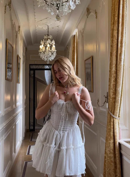 Robe de soirée courte trapèze en dentelle blanche vintage à bretelles spaghetti, robe de cocktail, robe de bal DP6510