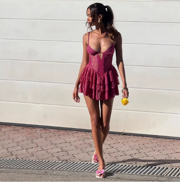 Vintage Fuchsia Spitze Spaghettiträger A-Linie Kurzes gestuftes Partykleid Cocktailkleid Homecomingkleid DP6511