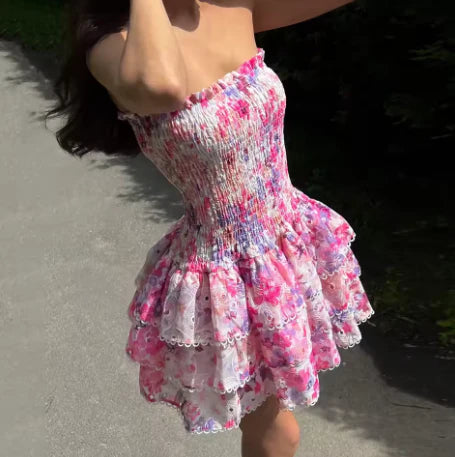 Cute Floral Strapless Design A-line Tiered Party Dress Homecoming Dress DP6104