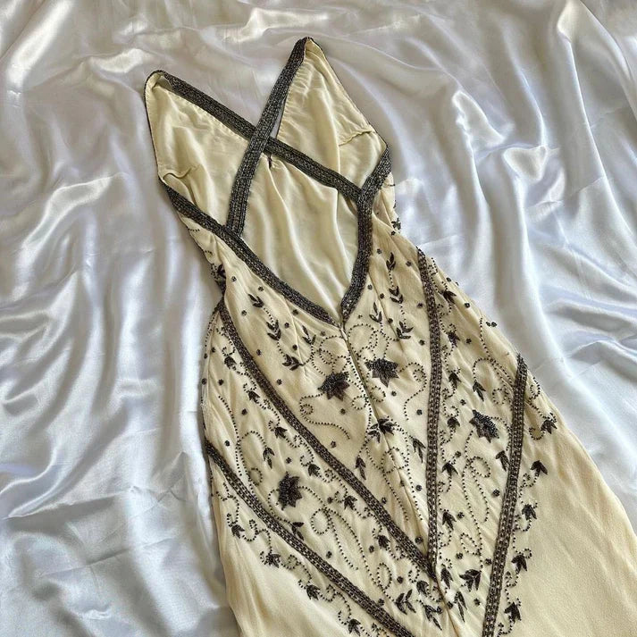 Vintage Ivory V-neck Embroidery Mermaid Prom Dress Party Dress Evening Dress DP6474