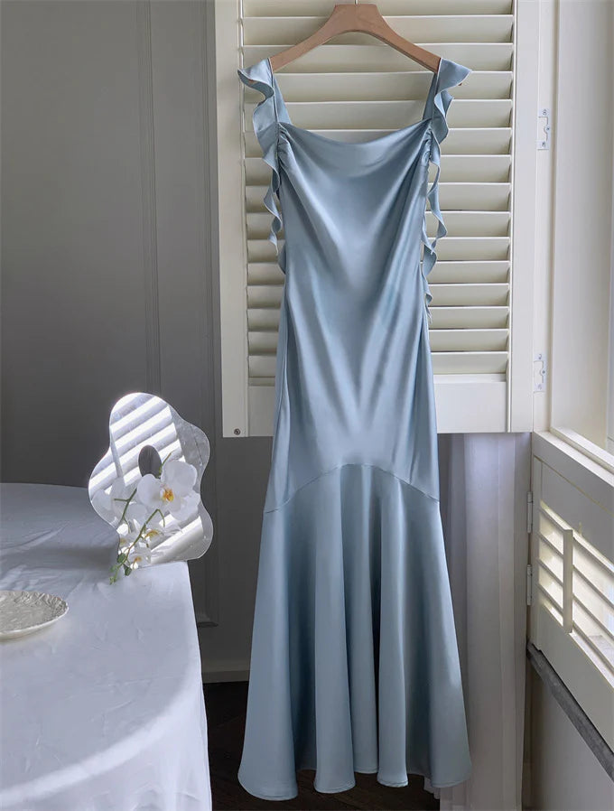 Vintage Salbeigrün Rüschen Meerjungfrau Satin Langes Ballkleid Partykleid Abendkleid DP6486