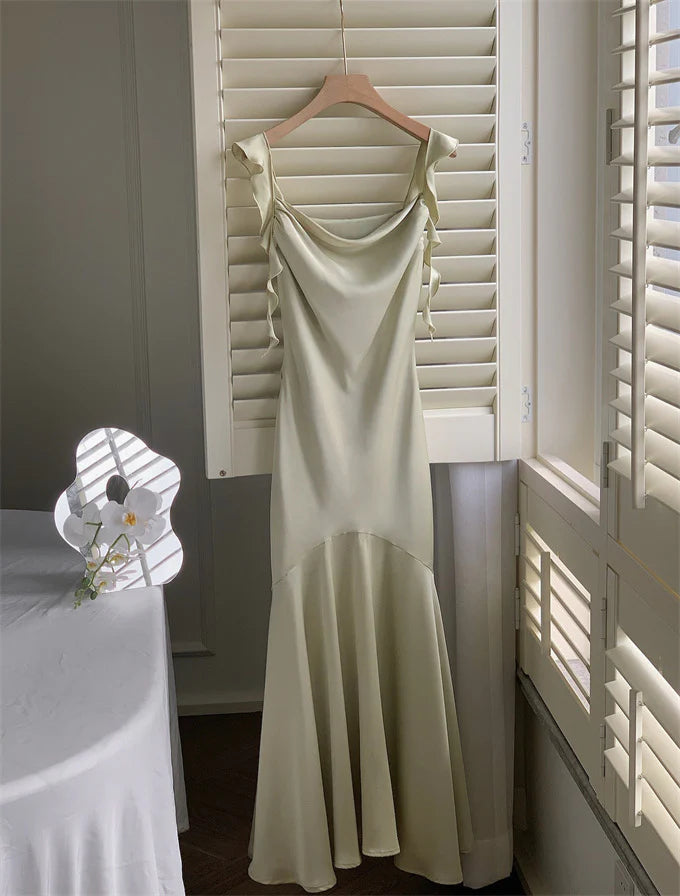 Vintage Salbeigrün Rüschen Meerjungfrau Satin Langes Ballkleid Partykleid Abendkleid DP6486
