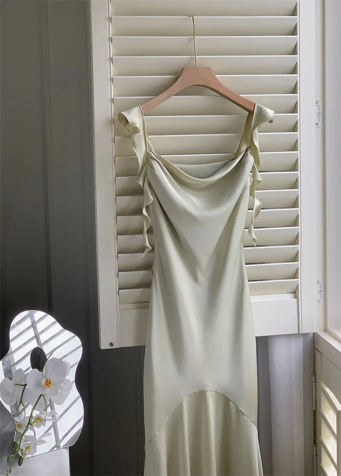 Vintage Salbeigrün Rüschen Meerjungfrau Satin Langes Ballkleid Partykleid Abendkleid DP6486