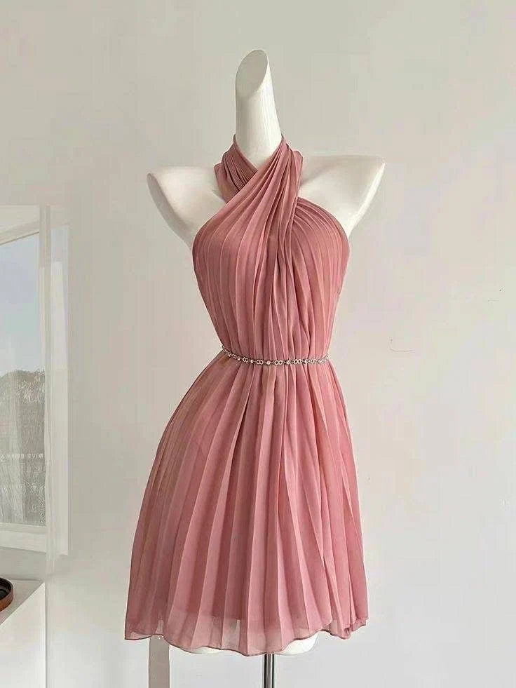 Vintage Pink Halter-Neck Chiffon Pleated A-Line Homecoming Dress DP8822