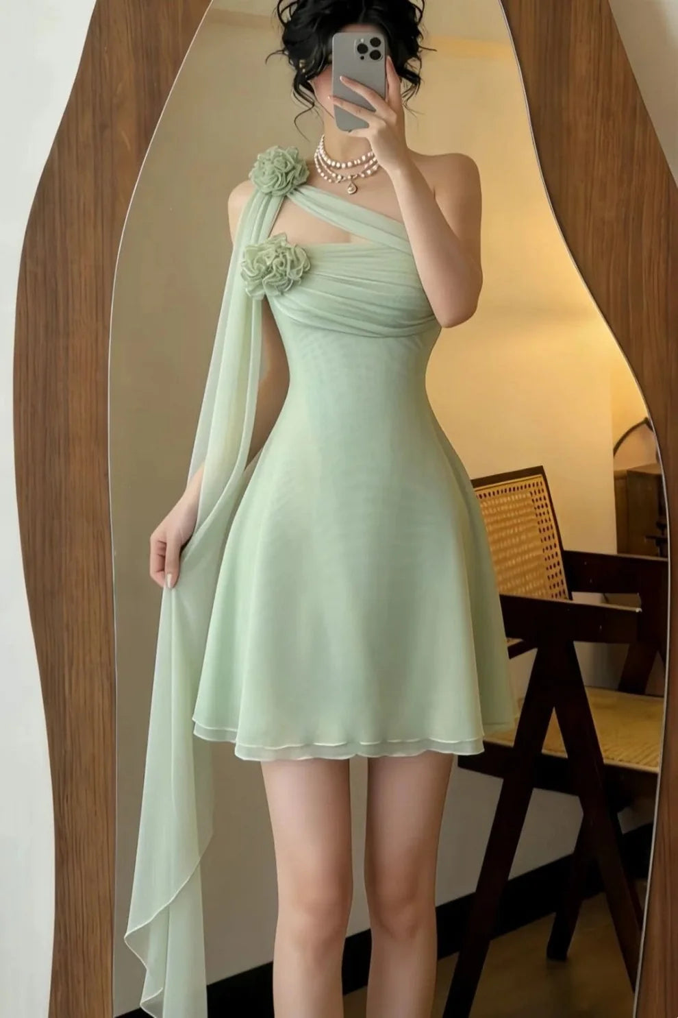 Vintage Mint Green One‑Shoulder 3D Floral Chiffon A‑Line Mini Homecoming Dress DP8821