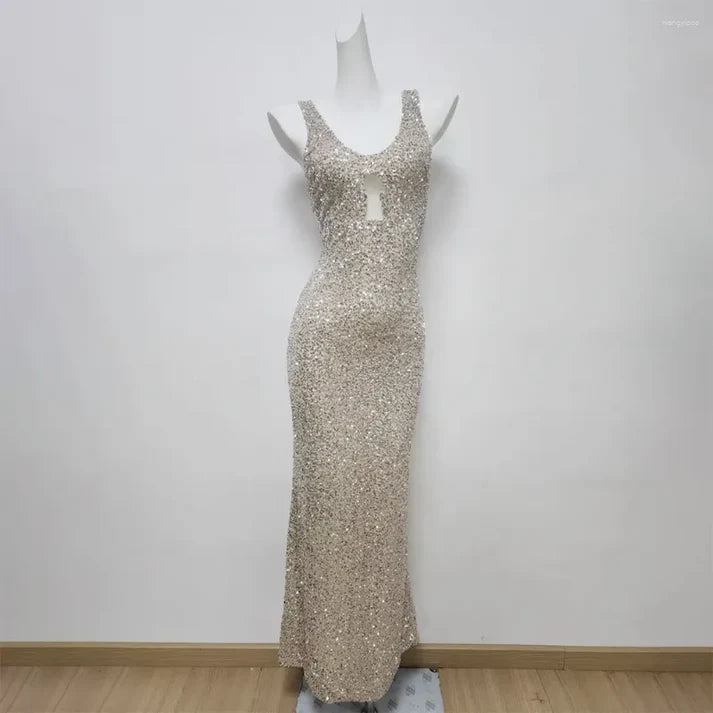 Elegantes Champagner Glitzernde Pailletten Perlen Neckholder Meerjungfrau Ballkleid Partykleid Abendkleid DP6480