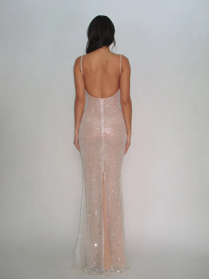 Elegantes rosa glitzerndes Pailletten-Meerjungfrauen-Spaghettiträger-Ballkleid Partykleid Abendkleid DP6472