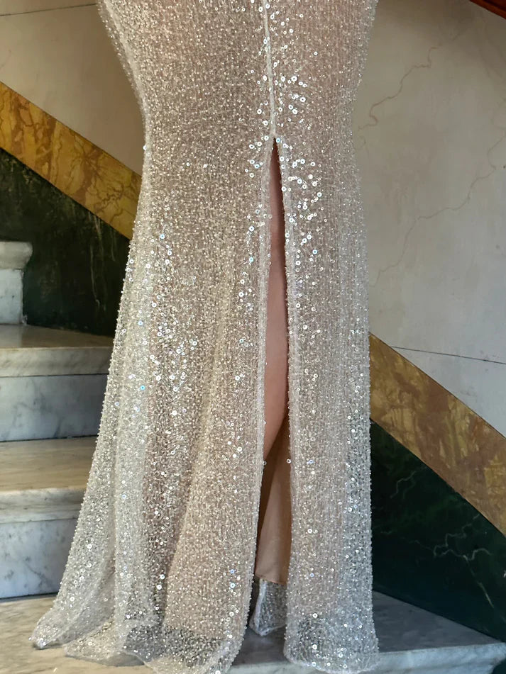 Elegantes rosa glitzerndes Pailletten-Meerjungfrauen-Spaghettiträger-Ballkleid Partykleid Abendkleid DP6472