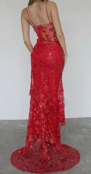Vintage Glänzende Pailletten Rote Meerjungfrau Spitze Applikation Spaghettiträger Langes Ballkleid Abendkleid, DP6306