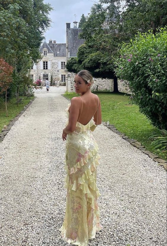 Charming Floral V-neck Spaghetti Strap Ruffle Mermaid Long Prom Dress Party Dress Evening Dress DP6488