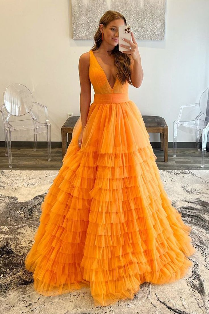 Robe de bal sexy orange trapèze dos nu à volants, DP0138