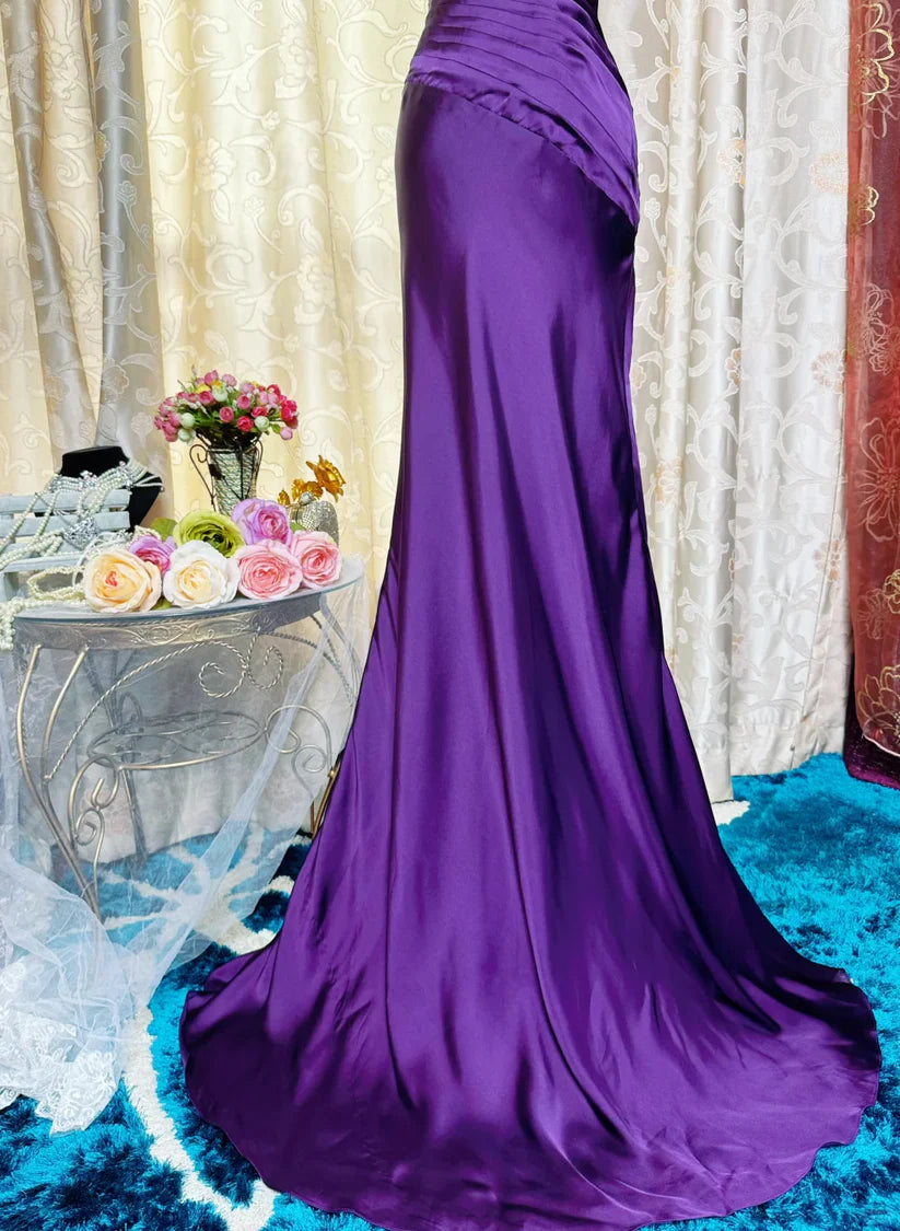 Elegant Purple Satin Mermaid Spaghetti Strap Sweetheart Ruched Bodice Beaded Floral Sweep Train Prom Dress DP8656