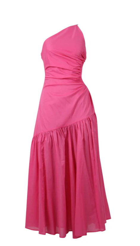 Robe de soirée longue rose vif asymétrique, coupe trapèze, DP2458
