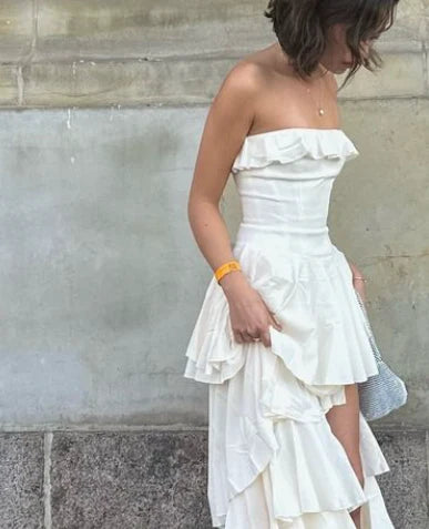 Enchanting White Strapless Ruffles High Slit Long Prom Dress Evening Dress DP6335