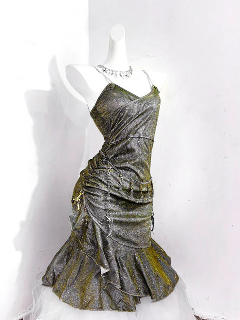 Robe de soirée vintage verte à bretelles spaghetti et ourlet à volants pour 16e anniversaire DP6041