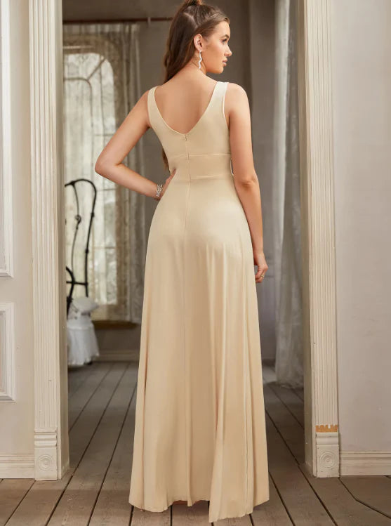 Elegantes V-Ausschnitt A-Linie Satin High Slit Partykleid Abendkleid Brautjungfernkleid DP6303