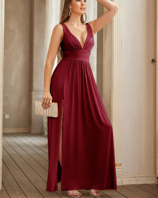 Elegantes V-Ausschnitt A-Linie Satin High Slit Partykleid Abendkleid Brautjungfernkleid DP6303