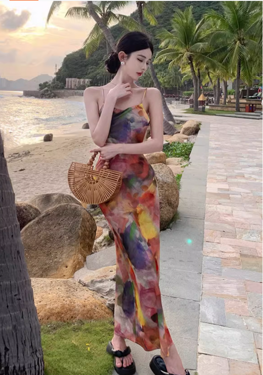 Simple New Painting Style Floral Design Elegant Beach Holiday Spaghetti Strap Dress, DP5949