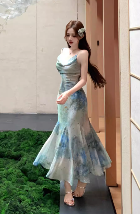 New Stylish Floral Design Elegant Casual Spaghetti Strap Dress, DP5948