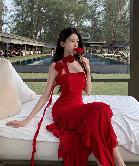 Vintage Red 3D Flower Irregular Hem Design Chiffon A-line Spaghetti Strap Dress, DP5926