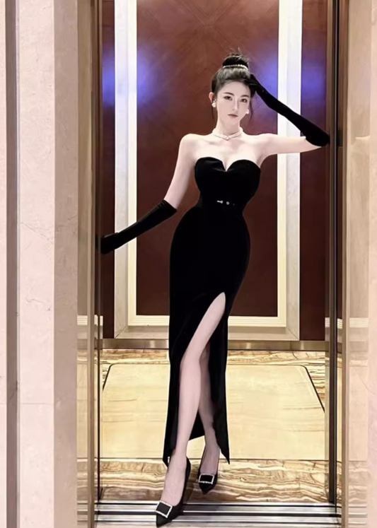 Elegant Fashion Black Sleeveless Split Design Prom Dress Sweetheart A-line Strapless Dress, DP5935