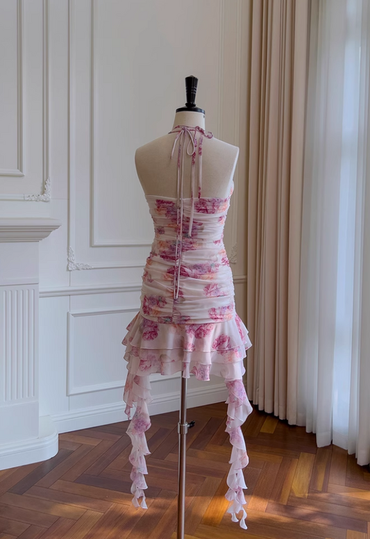 Süßes A-Linie Neckholder Partykleid Homecoming-Kleid mit Blumenmuster und Rüschensaum, DP5804