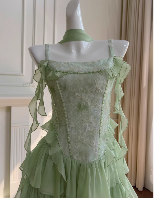 Chic Green Appliqued Ruffled Hem Design A-line Spaghetti Strap Party Dresses Homecoming Dresses, DP5805