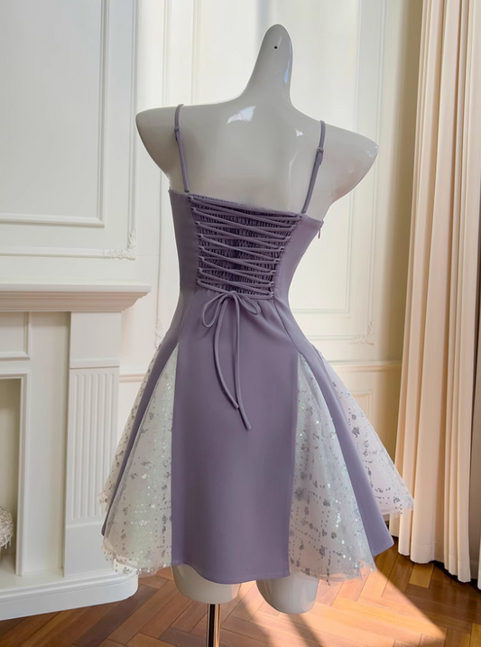 Robe de soirée trapèze à bretelles spaghetti et nœud violet à paillettes, nouvelle collection tendance, DP5815