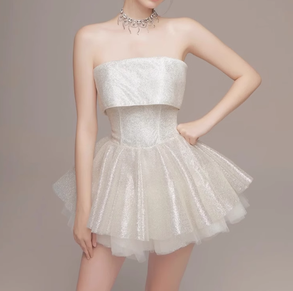 Cute Beige Sequin Ruffled Hem Design A-line Satin Strapless Party Dress Homecoming Dress, DP5843