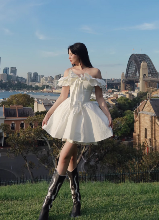 Simple White Off-the-shoulder Lace Bow Design A-line Party Dress Homecoming Dress, DP5847