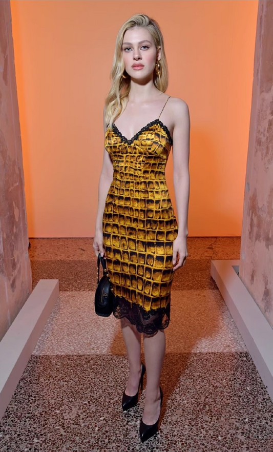 Vintage A-Linien-Partykleid mit Spaghettiträgern und Patchwork-Karomuster aus Spitze, DP5904