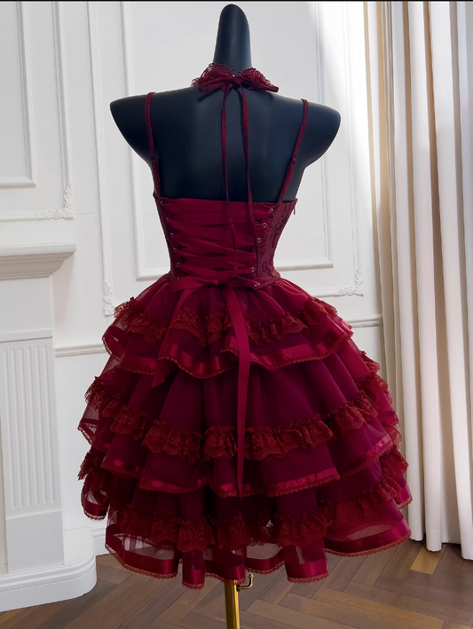 Vintage Burgundy Sweetheart Lace Design Spaghetti Strap Tiered Homecoming Dress, DP5954