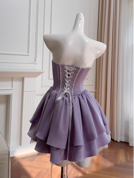New Fashion Light Purple Bow Design Spaghetti Strap Tiered Homecoming Dress, DP5955