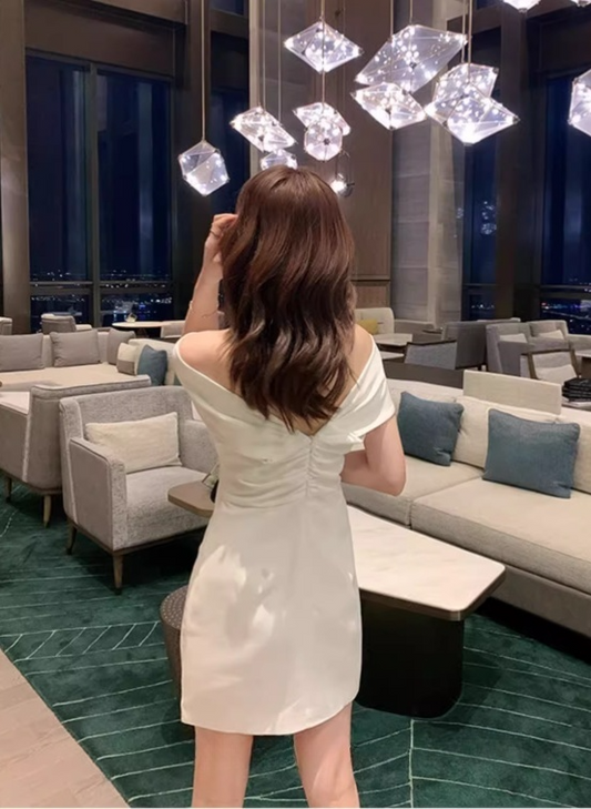 Vintage White Off-the-shoulder Satin Short Party Dress Homecoming Dresses, DP5975