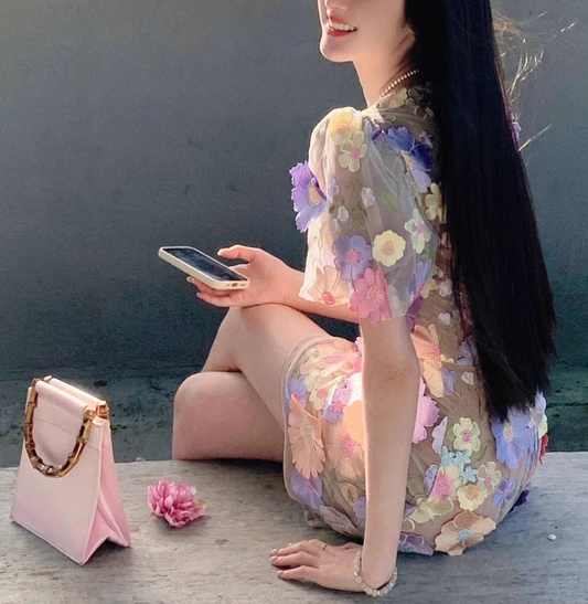 Colorful Applique Design A-line Short-sleeved Party Dress Homecoming Dresses, DP5968