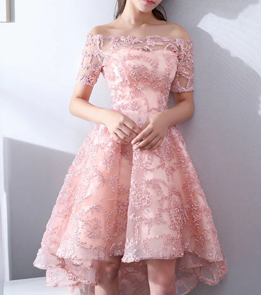 Vintage Pink Applique Off-the-shoulder Design A-line Tulle Party Dress Homecoming Dress DP6071