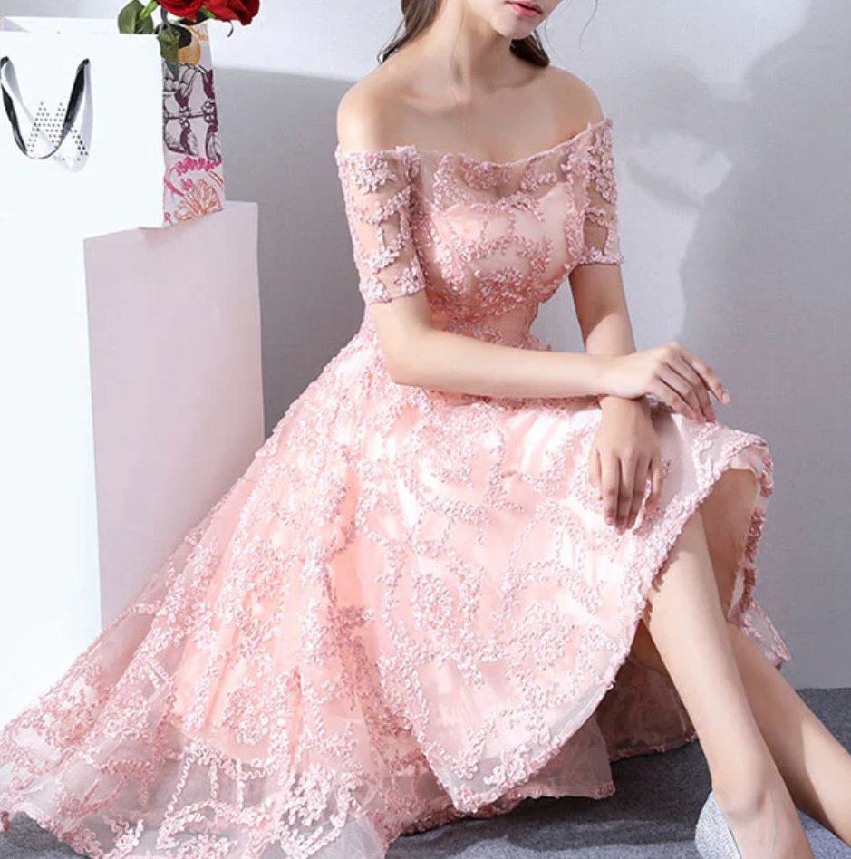 Vintage Pink Applique Off-the-shoulder Design A-line Tulle Party Dress Homecoming Dress DP6071