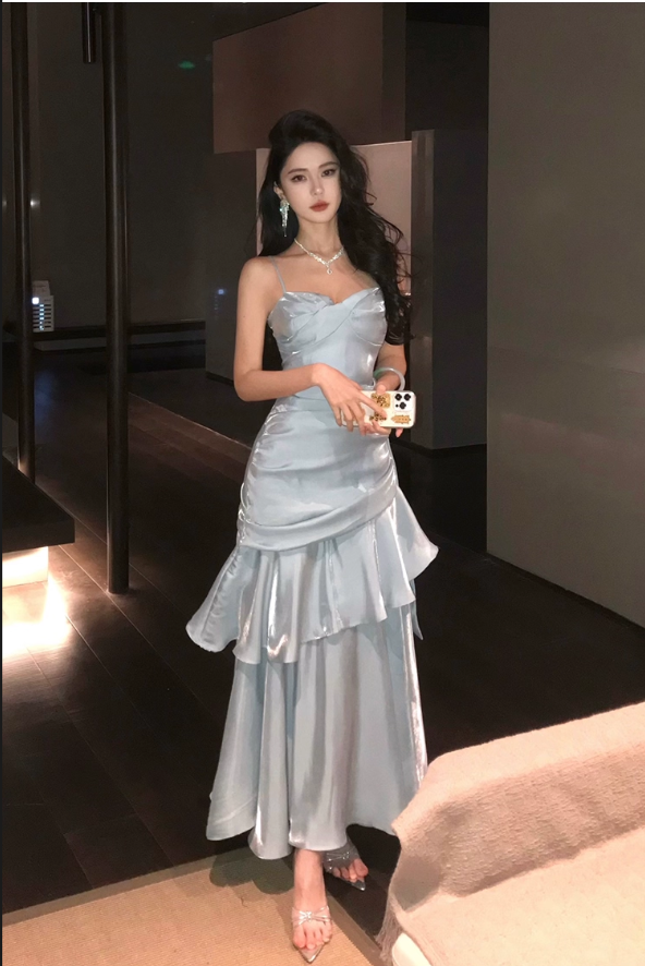 Vintage Blue Sweetheart Spaghetti Strap Mermaid Ruffled Hem Design Sexy Prom Dress Evening Dress DP6265