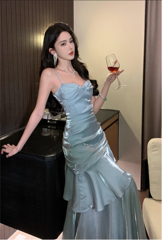 Vintage Blue Sweetheart Spaghetti Strap Mermaid Ruffled Hem Design Sexy Prom Dress Evening Dress DP6265