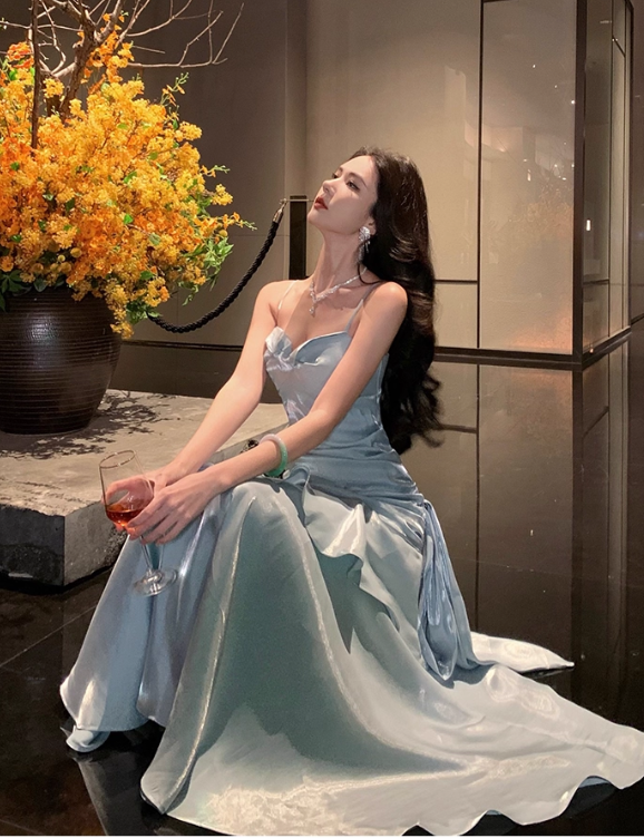 Vintage Blue Sweetheart Spaghetti Strap Mermaid Ruffled Hem Design Sexy Prom Dress Evening Dress DP6265